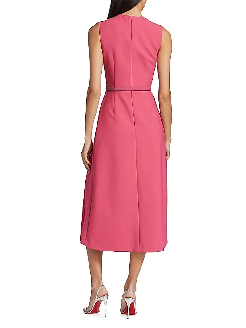 Belted Pleated-Insert Midi-Dress