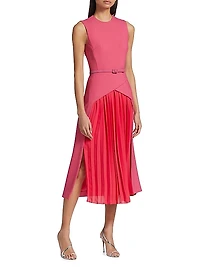 Belted Pleated-Insert Midi-Dress