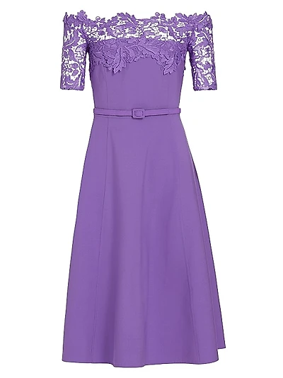 Off-The-Shoulder Wool & Lace Midi-Dress