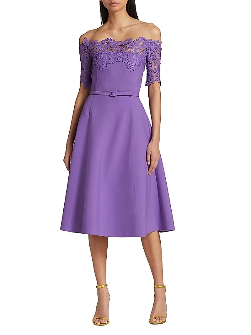 Off-The-Shoulder Wool & Lace Midi-Dress
