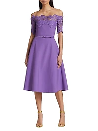 Off-The-Shoulder Wool & Lace Midi-Dress