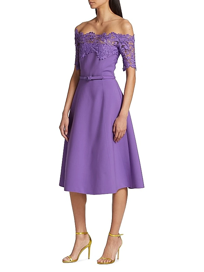 Off-The-Shoulder Wool & Lace Midi-Dress