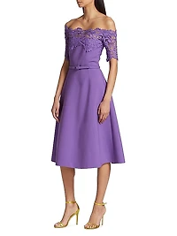 Off-The-Shoulder Wool & Lace Midi-Dress
