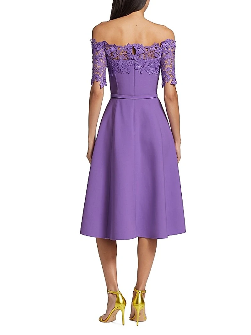 Off-The-Shoulder Wool & Lace Midi-Dress