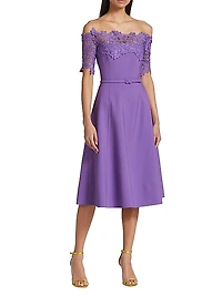 Off-The-Shoulder Wool & Lace Midi-Dress