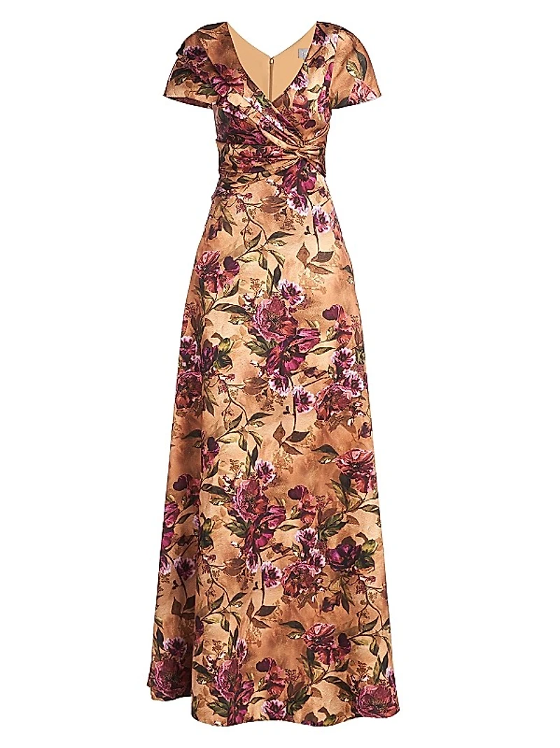 Nina Twisted & Draped Floral Satin A-Line Gown