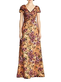 Nina Twisted & Draped Floral Satin A-Line Gown