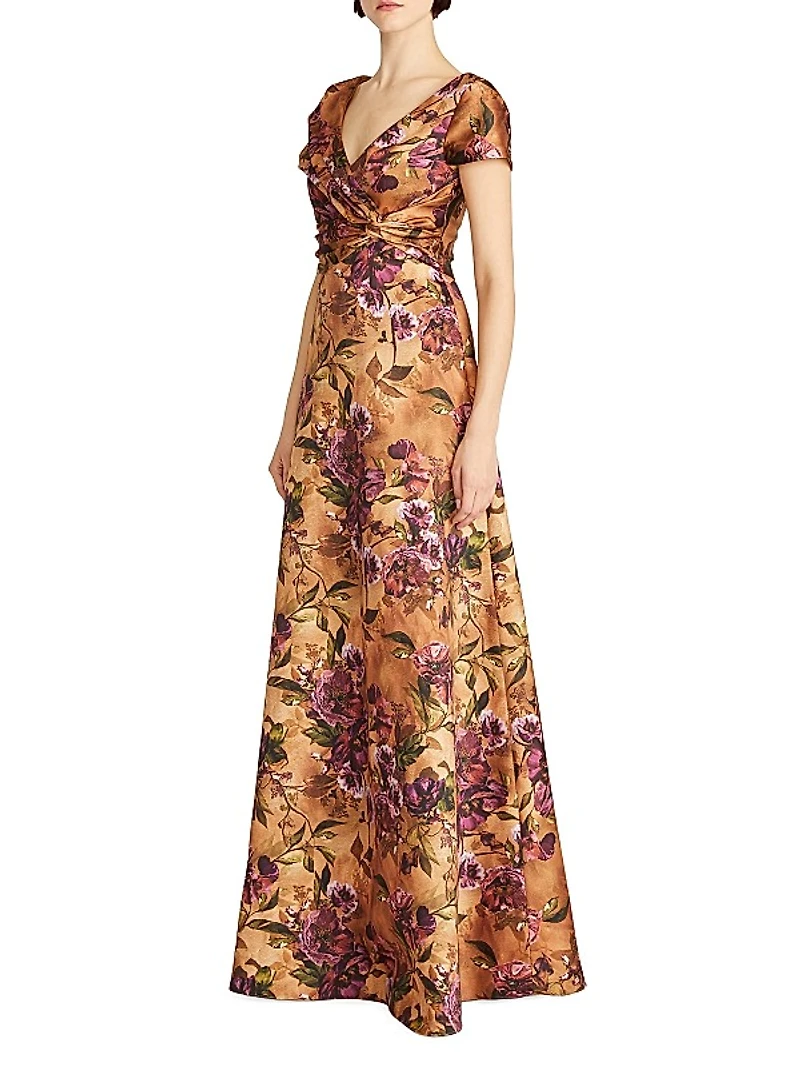 Nina Twisted & Draped Floral Satin A-Line Gown