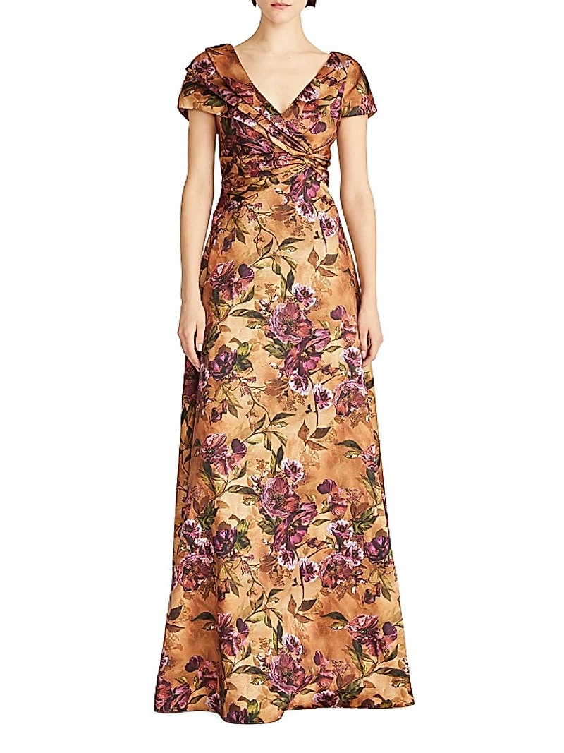 Nina Twisted & Draped Floral Satin A-Line Gown