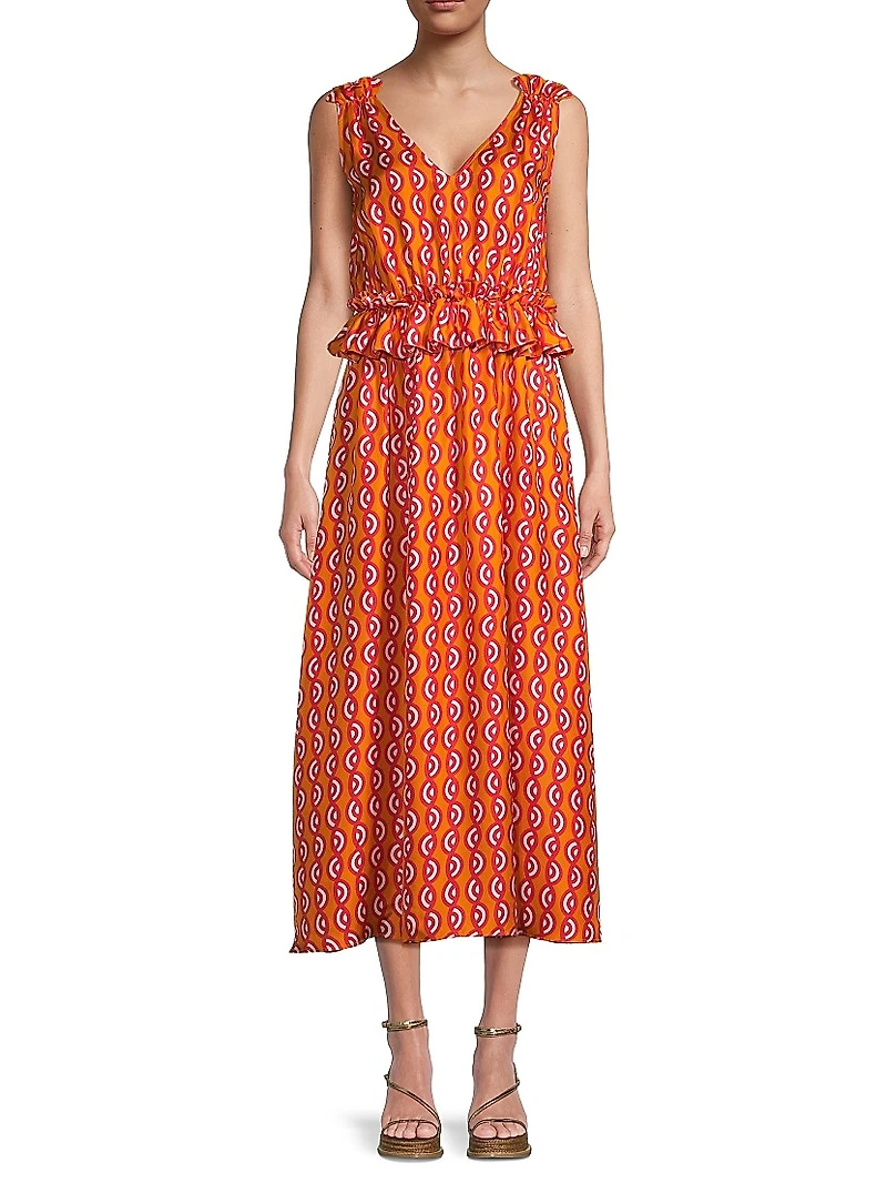 Mimi Geometric Ruffle Midi-Dress