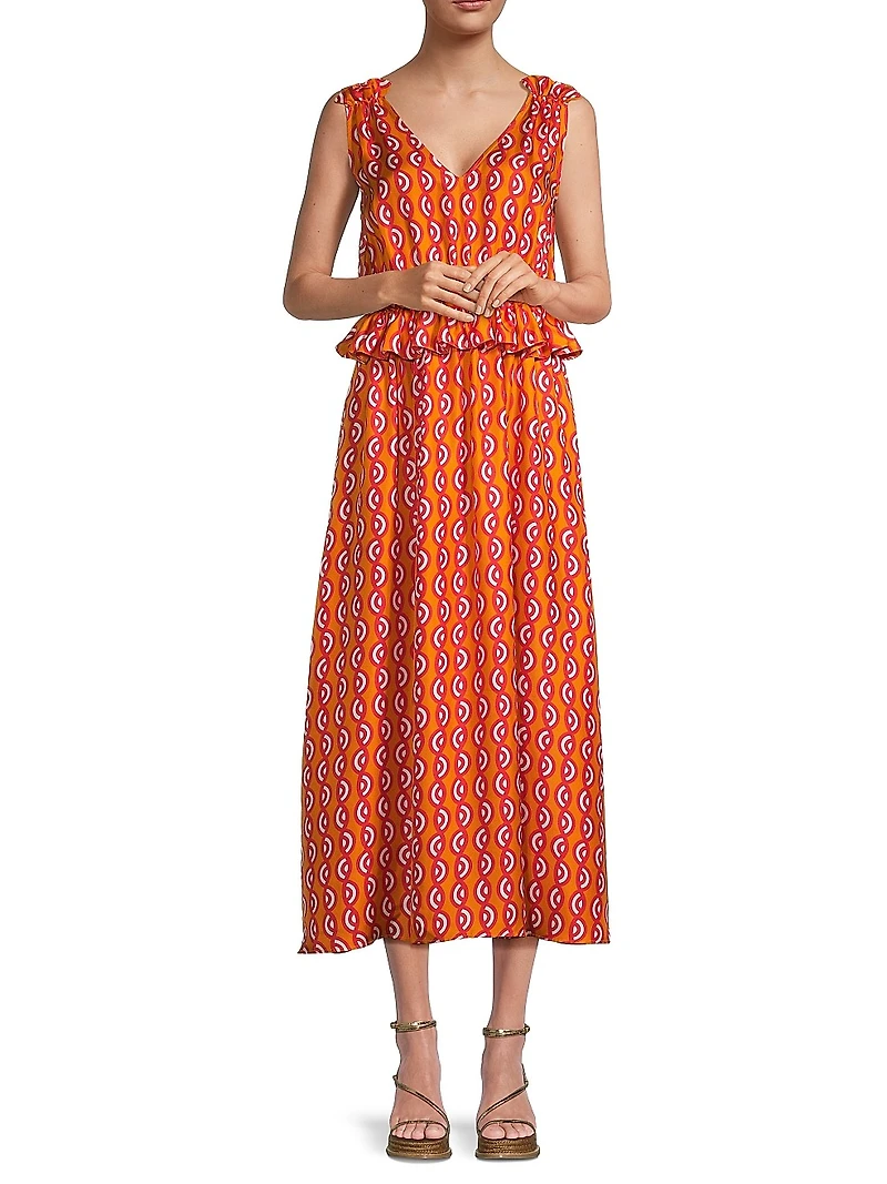 Mimi Geometric Ruffle Midi-Dress
