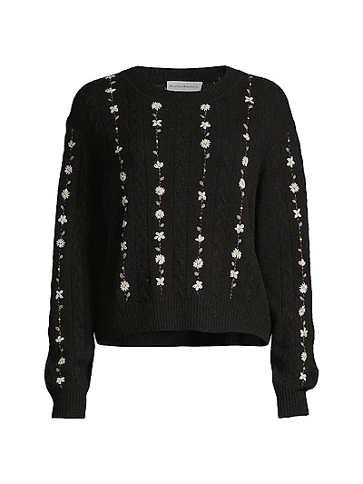 Cashmere Floral Embroidered Cable Crewneck Sweater