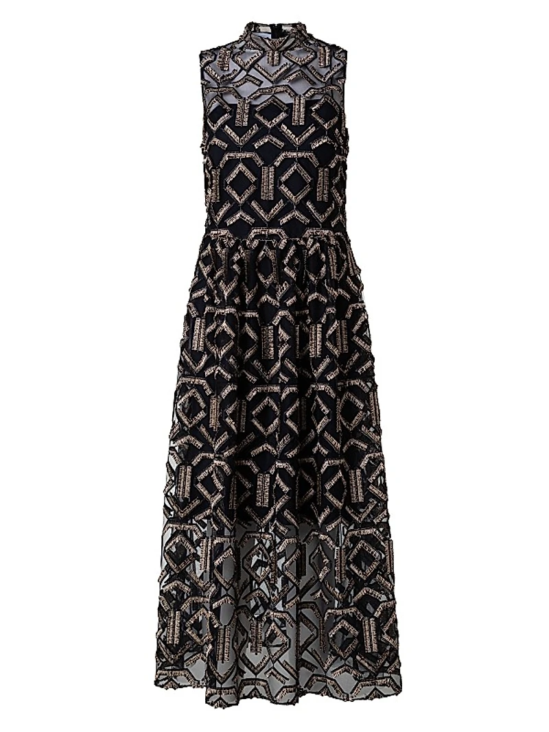 Geometric Metallic Tulle Mock Turtleneck Midi-Dress