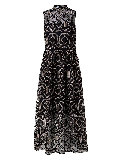 Geometric Metallic Tulle Mock Turtleneck Midi-Dress