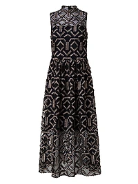 Geometric Metallic Tulle Mock Turtleneck Midi-Dress