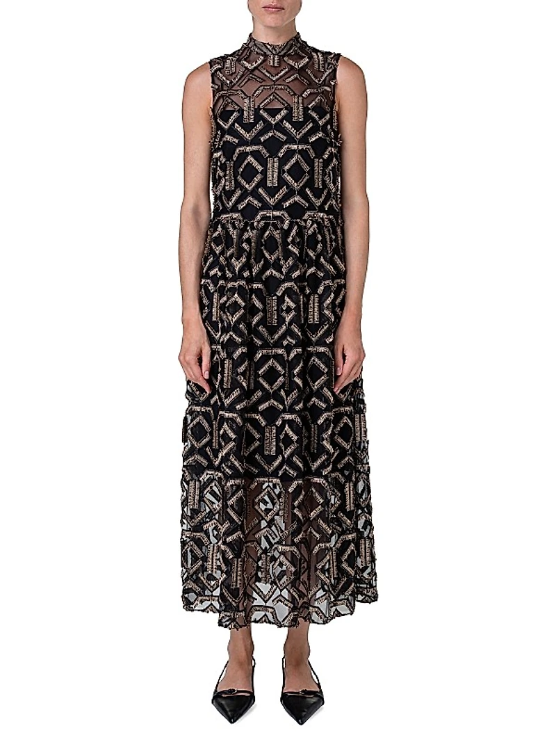 Geometric Metallic Tulle Mock Turtleneck Midi-Dress