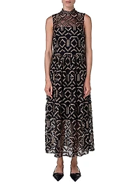 Geometric Metallic Tulle Mock Turtleneck Midi-Dress