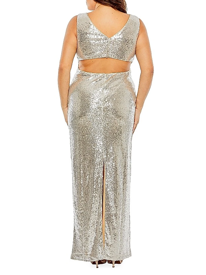 Plus Sequined V-Neck Cut-Out Back Gown