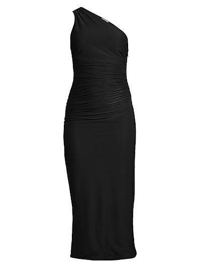 Asymmetric Ruched Jersey Midi-Dress