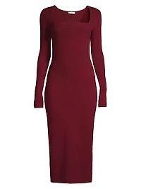 Square-Neck Wool Rib-Knit Midi-Dress