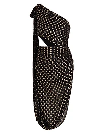 One-Shoulder Metallic-Dot Midi-Dress