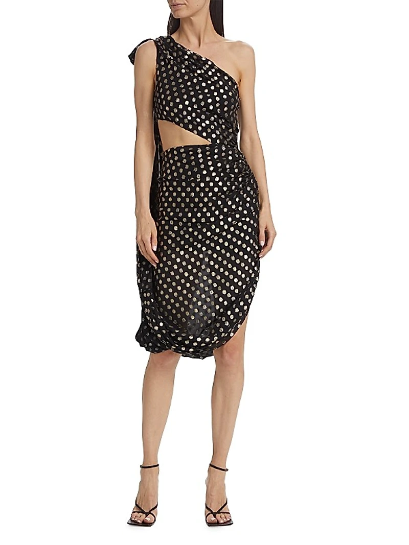 One-Shoulder Metallic-Dot Midi-Dress