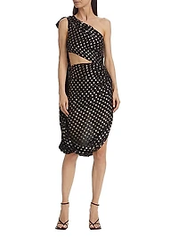 One-Shoulder Metallic-Dot Midi-Dress