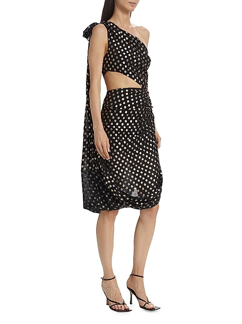 One-Shoulder Metallic-Dot Midi-Dress