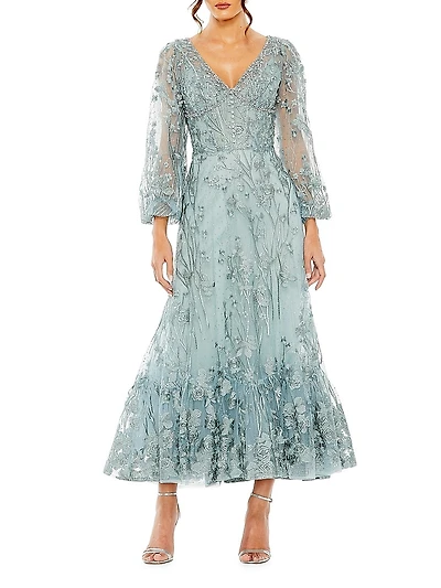 Embroidered Floral Puff-Sleeve Gown