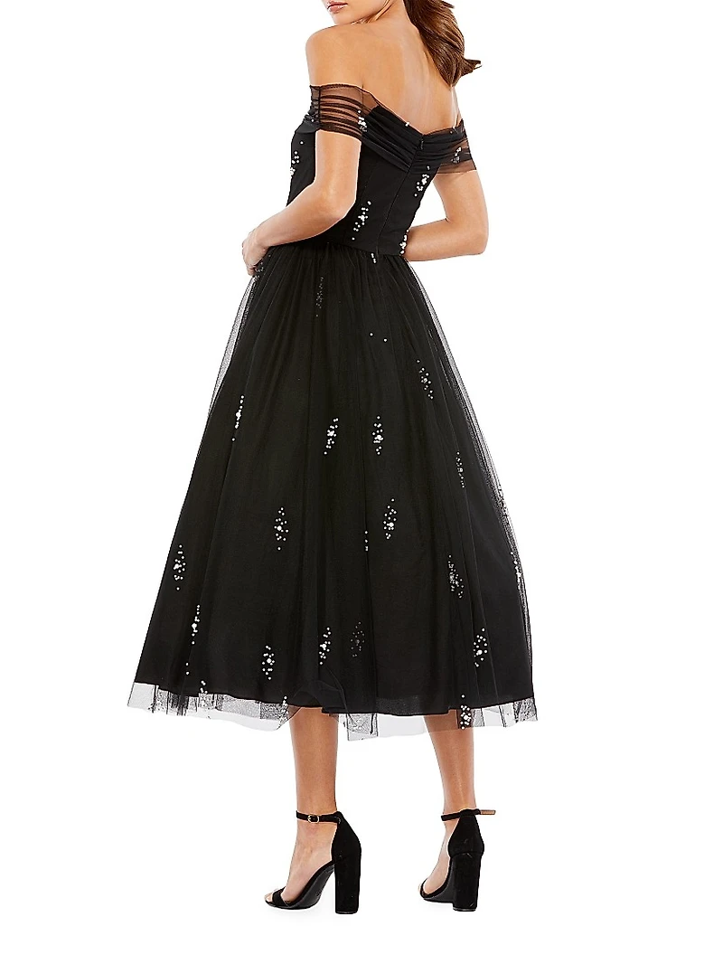Embellished Off-The-Shoulder Midi-Dress