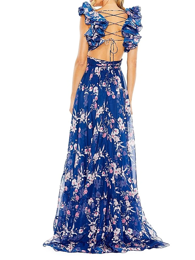 Floral Ruffled Tiered Chiffon Gown