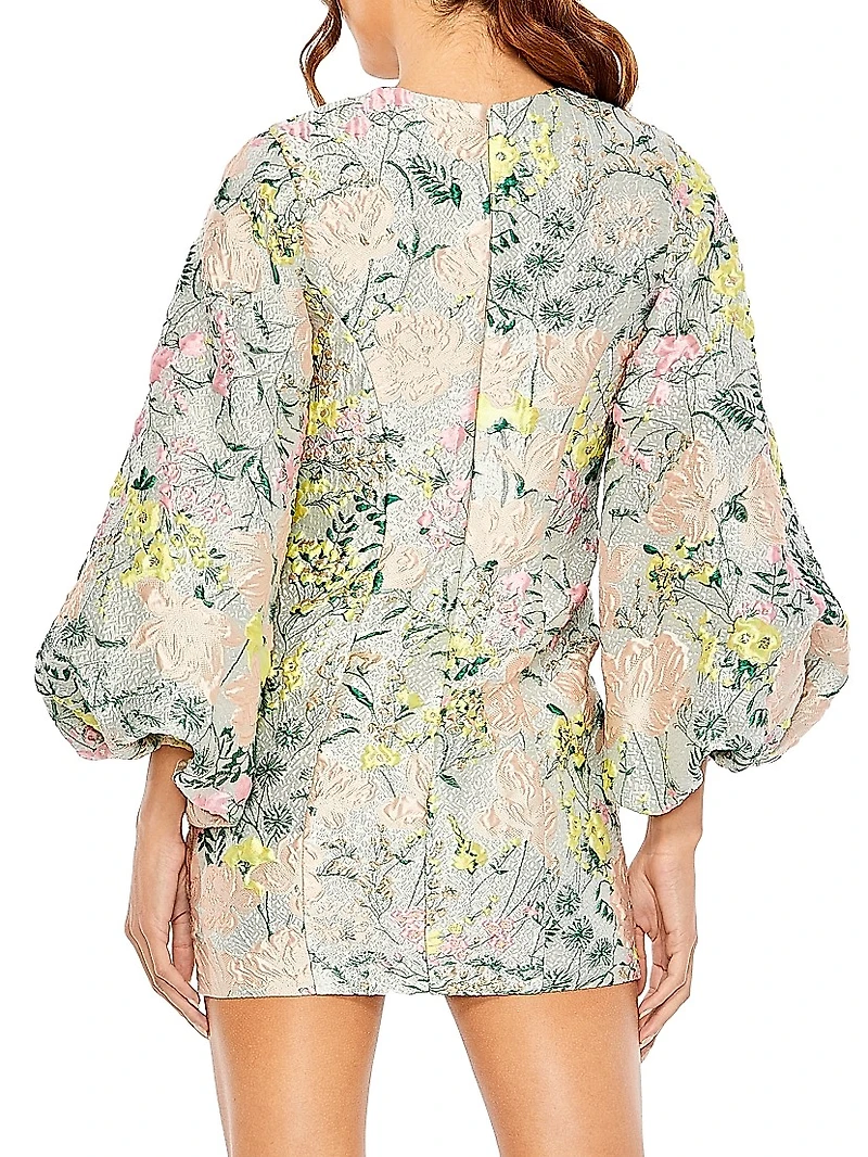 Floral Brocade Puff-Sleeve Minidress