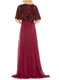 Embellished Flutter-Sleeve A-Line Gown