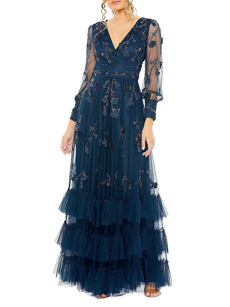 Embellished Long-Sleeve A-Line Gown