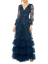 Embellished Long-Sleeve A-Line Gown