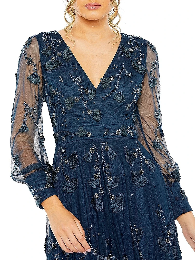 Embellished Long-Sleeve A-Line Gown