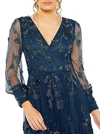 Embellished Long-Sleeve A-Line Gown