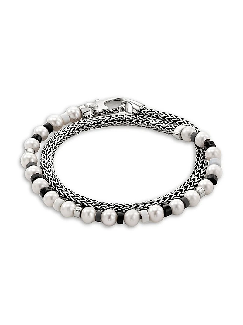 Sterling Silver, Freshwater Pearl, Hematite & Black Onyx Bead Bracelet