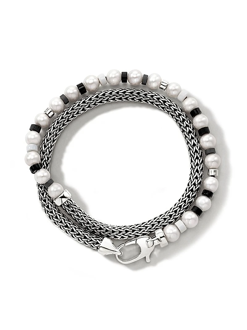 Sterling Silver, Freshwater Pearl, Hematite & Black Onyx Bead Bracelet