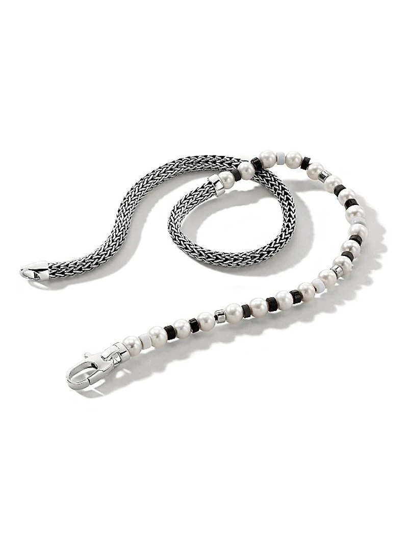 Sterling Silver, Freshwater Pearl, Hematite & Black Onyx Bead Bracelet