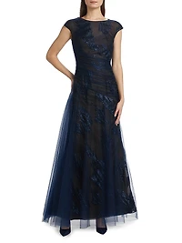 Embroidered Tulle Illusion Gown