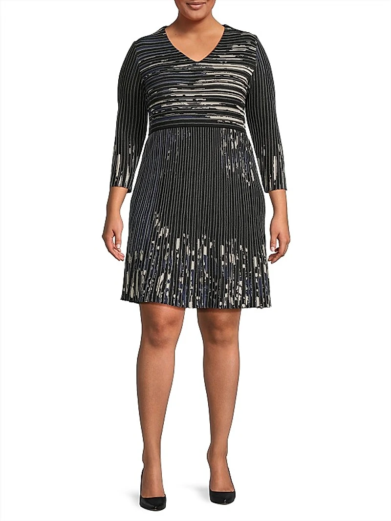 V-Neck Patterned Rib-Knit Minidress