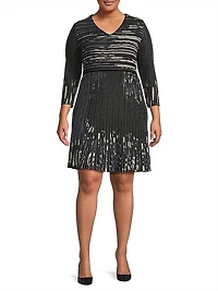 V-Neck Patterned Rib-Knit Minidress