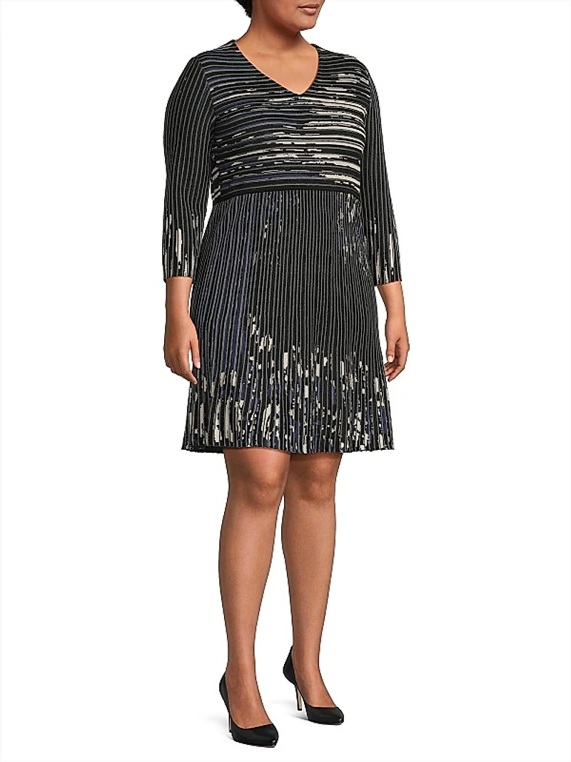 V-Neck Patterned Rib-Knit Minidress