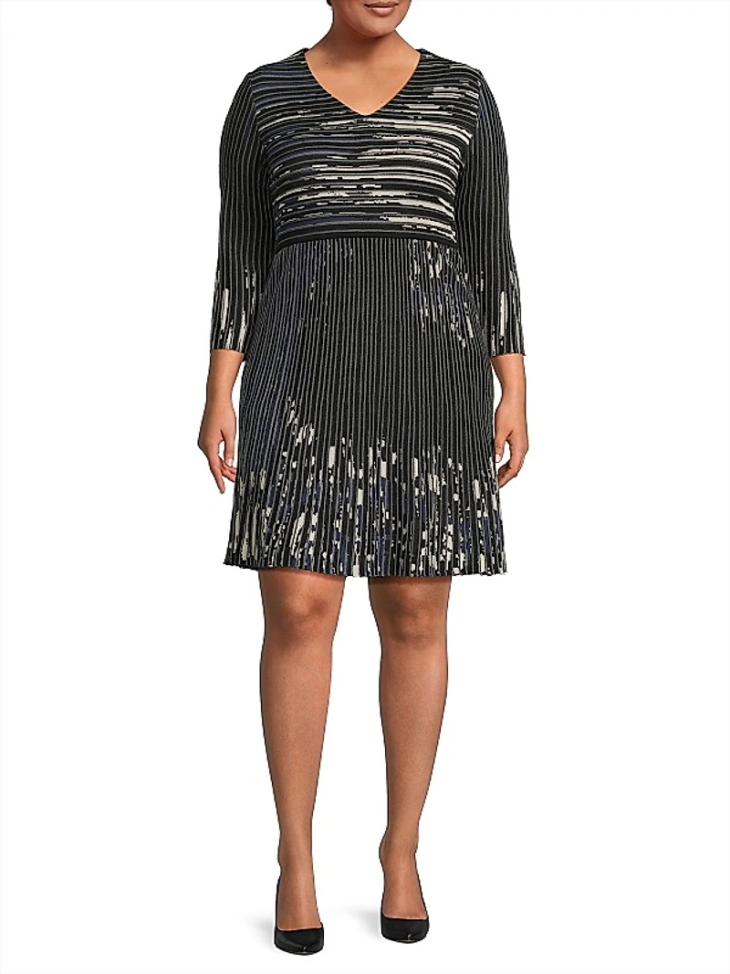 V-Neck Patterned Rib-Knit Minidress