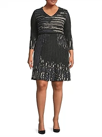 V-Neck Patterned Rib-Knit Minidress