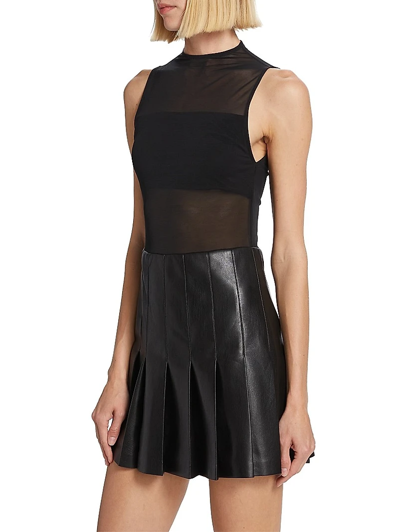 Chara Mesh & Faux Leather A-Line Minidress