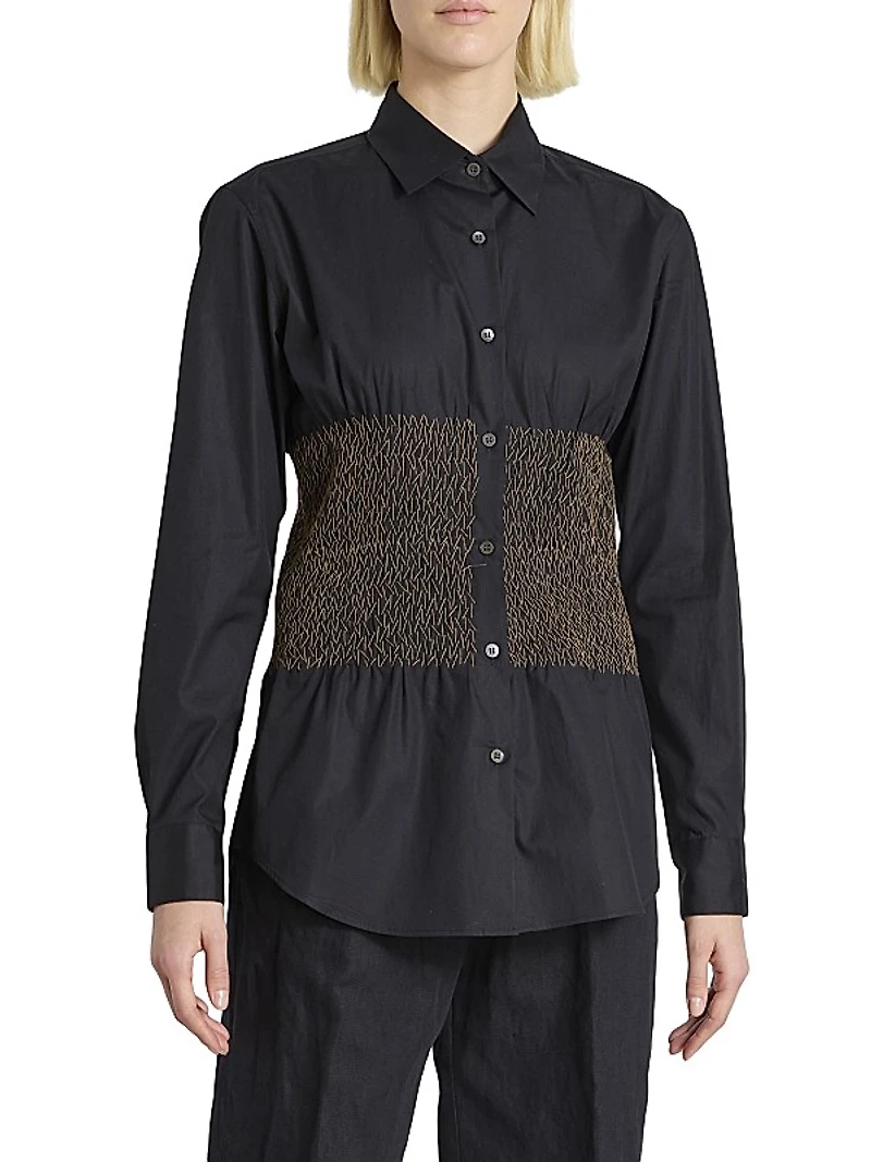 Claver Smocked Cotton Button-Front Shirt