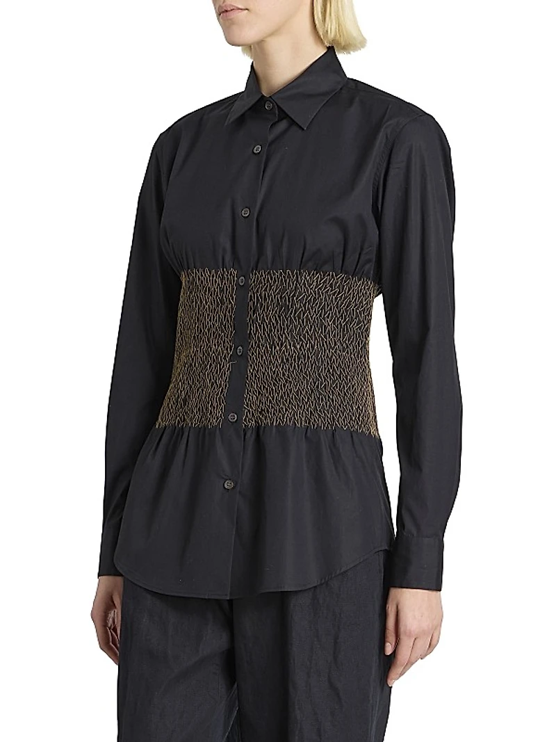 Claver Smocked Cotton Button-Front Shirt