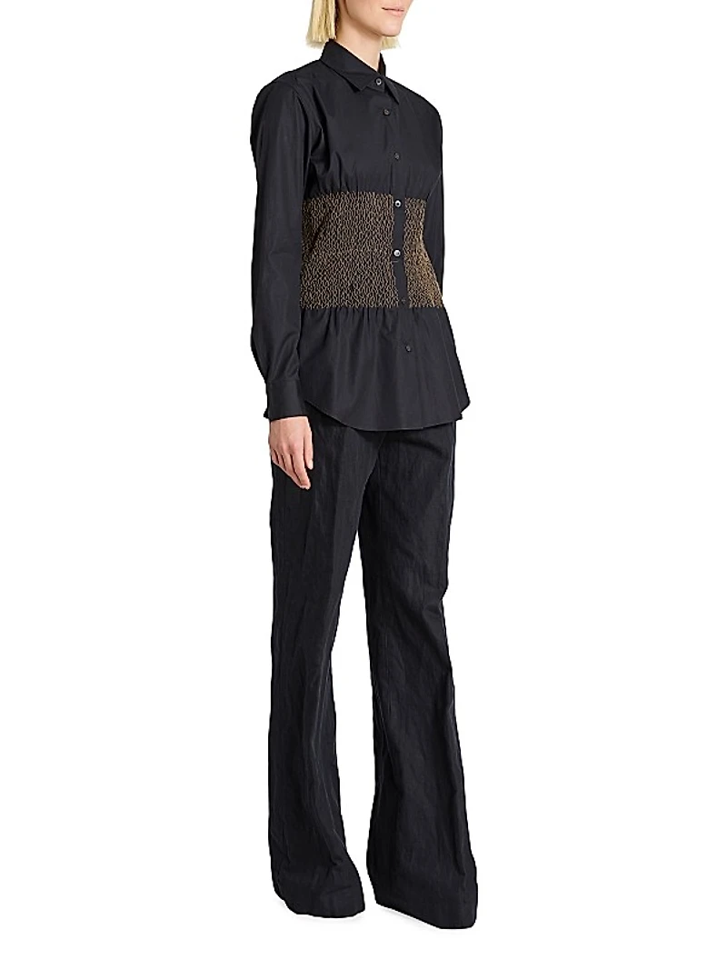 Claver Smocked Cotton Button-Front Shirt